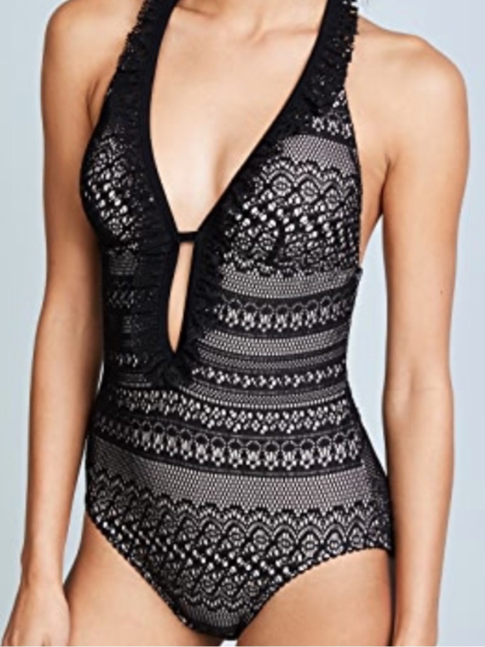 Kate Spade NWT Women’s Black Lace Plunge One-Piece Swimsuit Size Medium